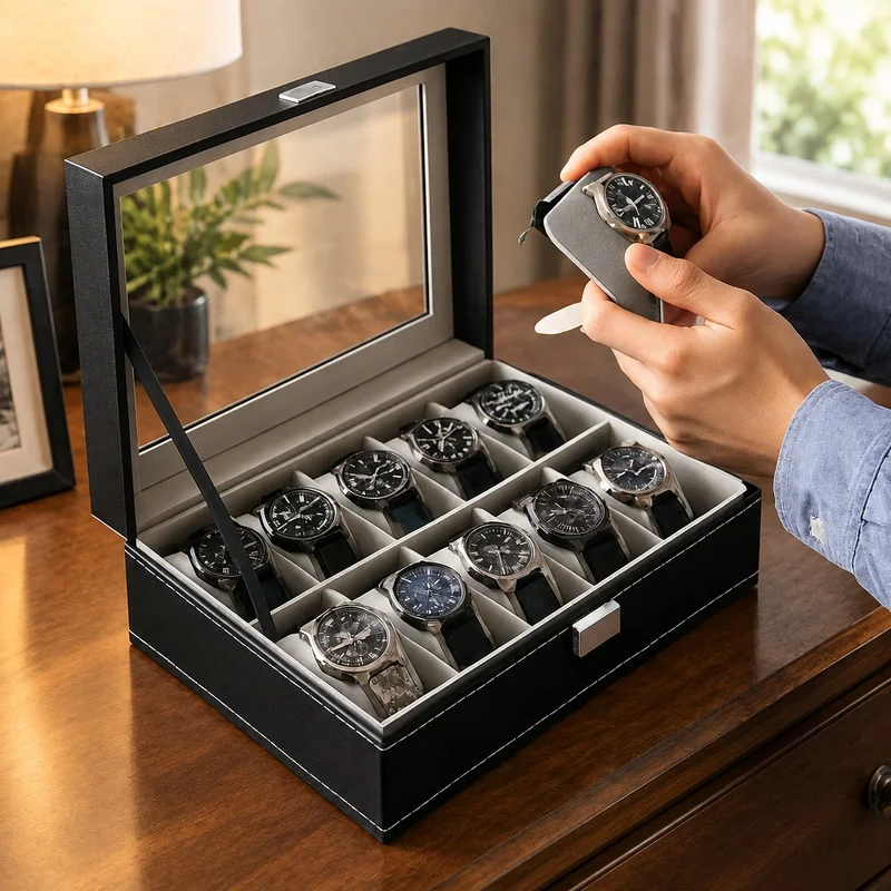 PU Leather Organizer Box with Glass Lid, Multi-Compartment Storage for Men's Watches and Jewelry, 2 to 12 Slots