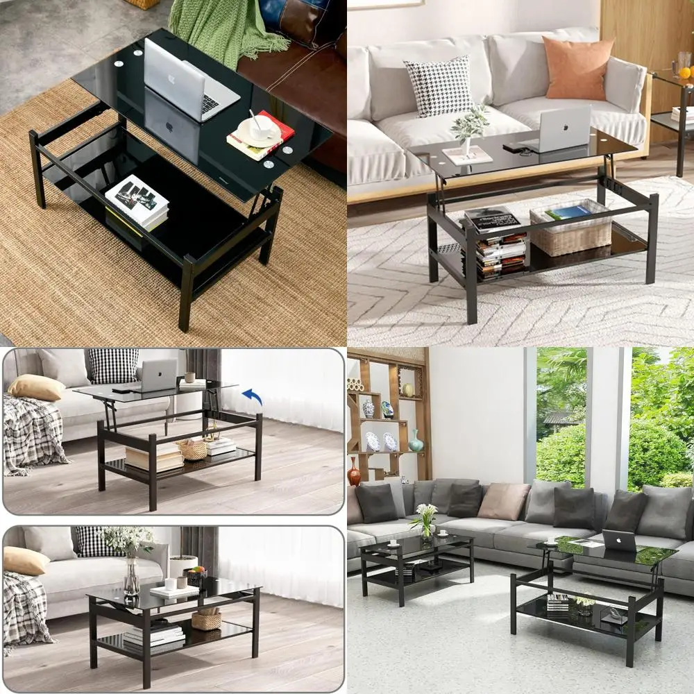 

Glass Coffee Table with Storage and Lift Top, Open Shelves for Living Room and Home Office Use