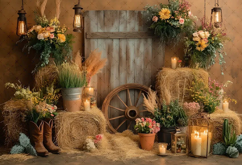 Mehofond التصوير خلفية الخريف قبعات رعاة البقر الغربية الغربية ريفي الحظيرة القش الاطفال عيد ميلاد صورة ديكور خلفية استوديو الصور