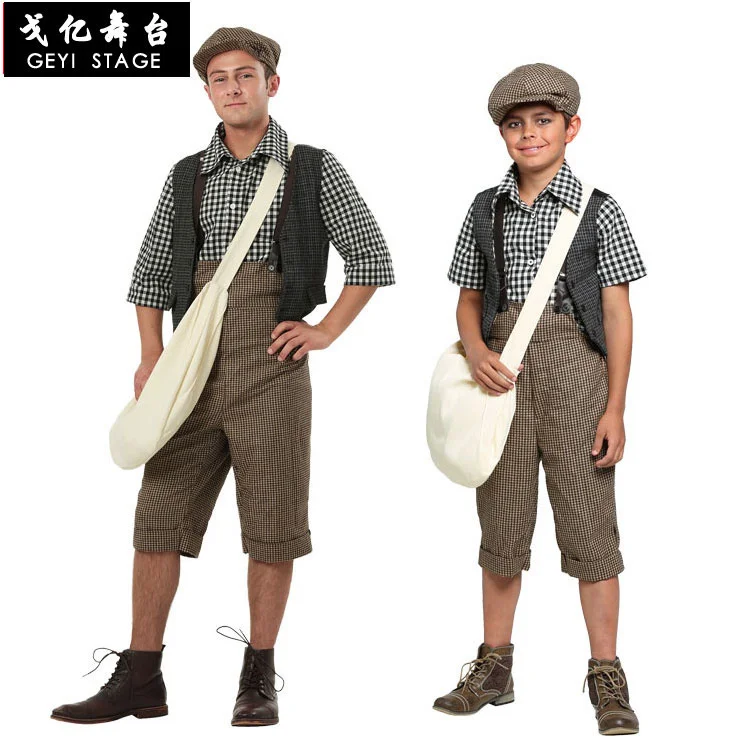 Cosplay children's day performance clothes the newspaper giver in the 1920s, children and adults selling newspaper man's Sanmao