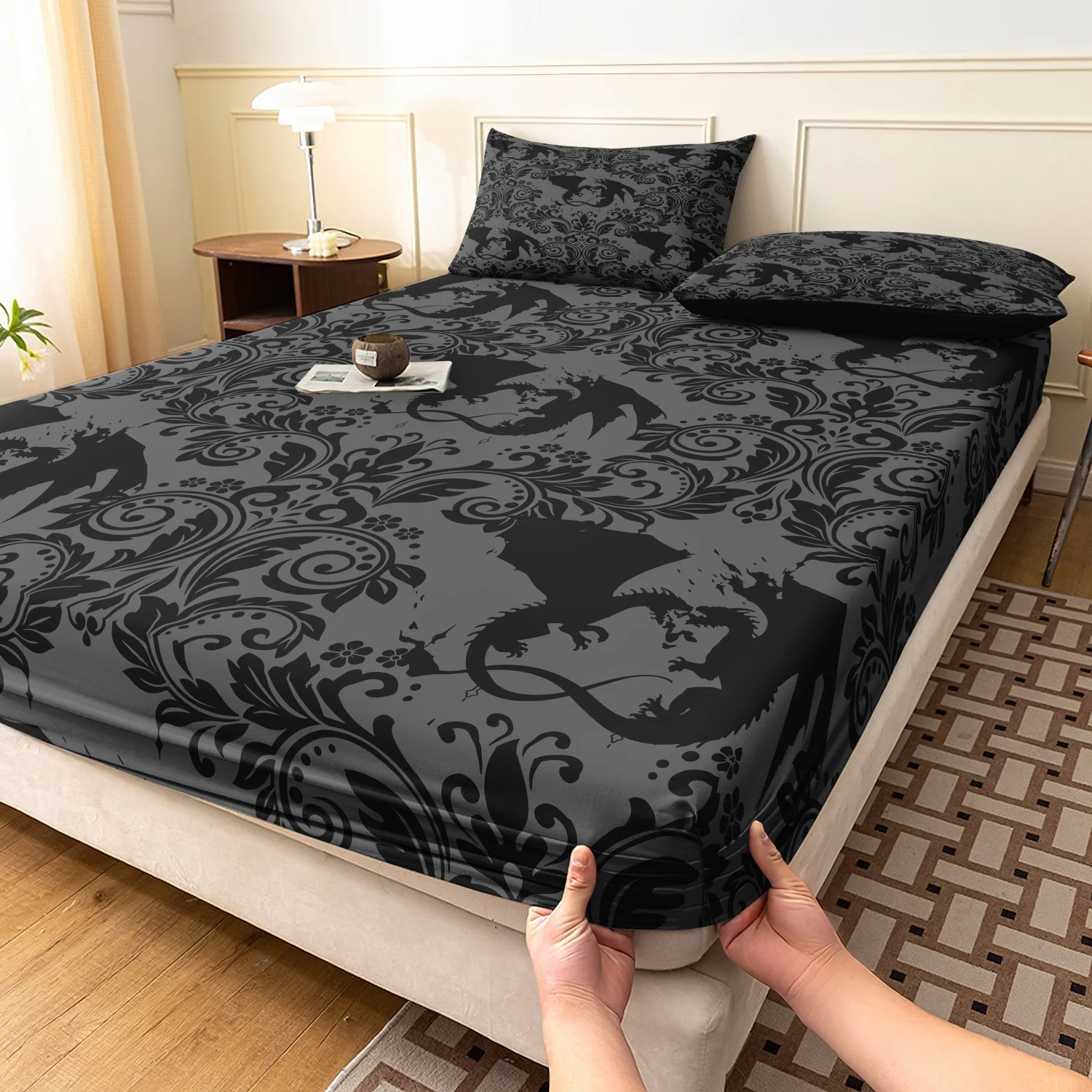 Vintage Baroque Dragon Print Fitted Sheet Set, 3Pcs Gray Black Flying Dragon Ornate Scroll Gothic Pattern Bedding