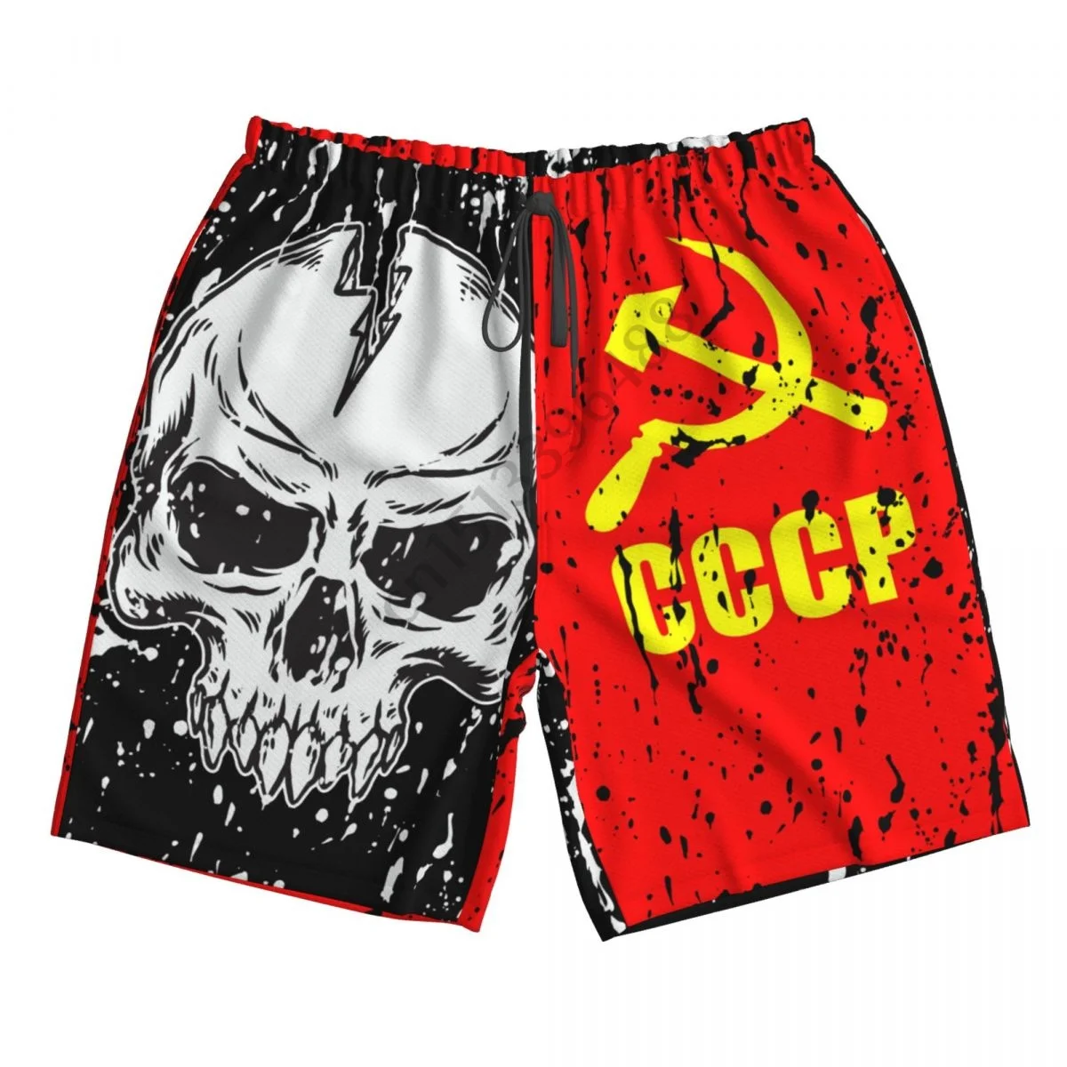 CCCP Flag Vintage Skull Men's Novelty Swimtrunks Quick Dry 3D Printed Mesh Lining Beach Board Shorts with Pockets