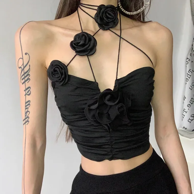 

Women's Top Fashion Spring and Summer Street Fashion Retro Sexy Elegant Top Black Rose Halterneck Vest Female