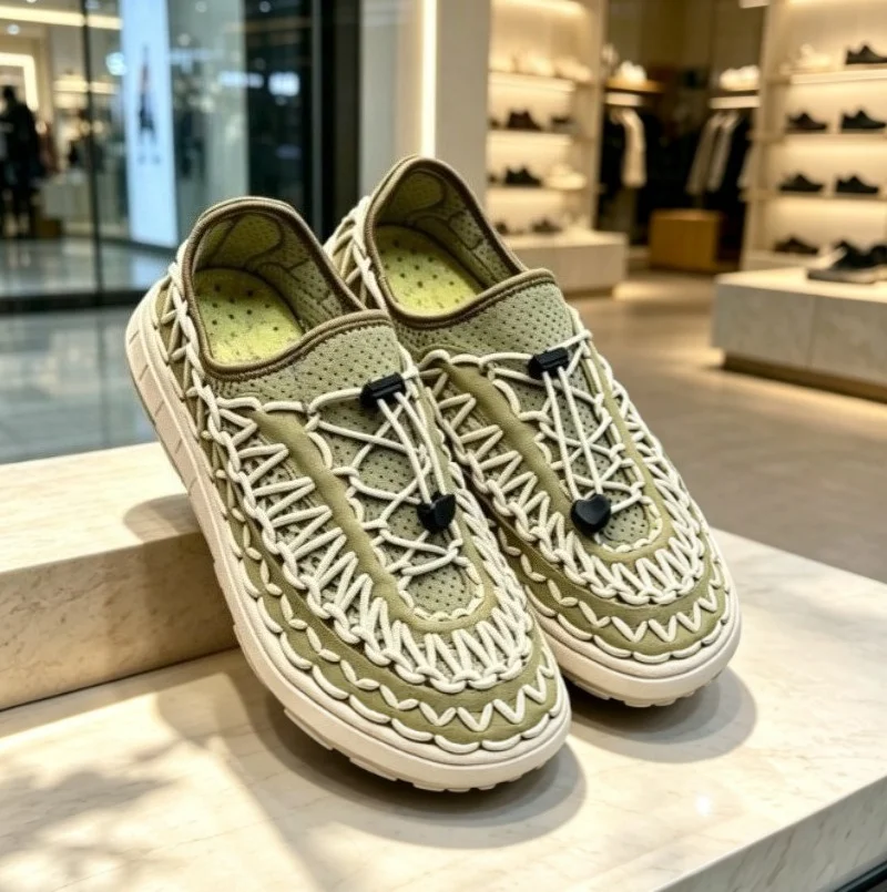 Men Women Summer High Top Cow Suede Shoes Woven Stretch Deerskin Lining Wear-resistant Flat Natural Rubber Casual Walking Shoes