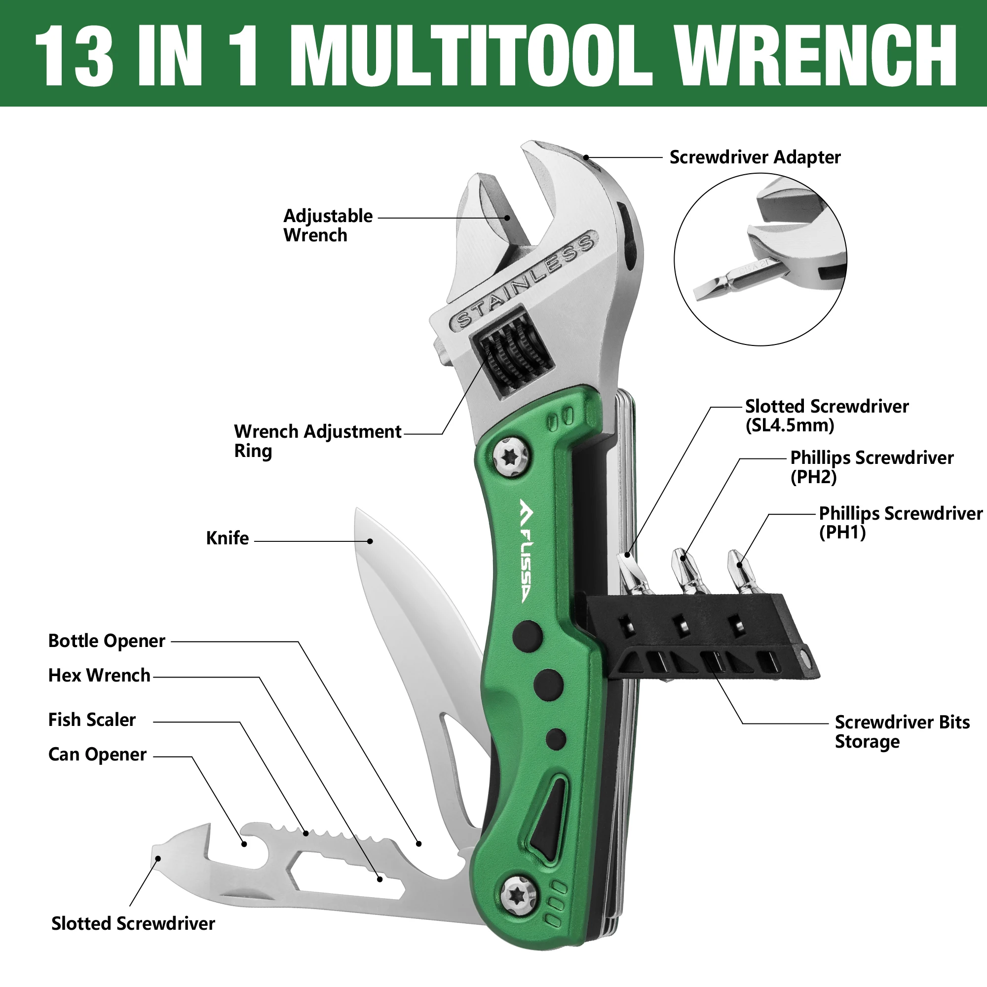 FLISSA 13 in 1 Multitool Wrench with Sheath Multi-function Combination Wrench with LED Light for Camping Outdoor Survival Hiking