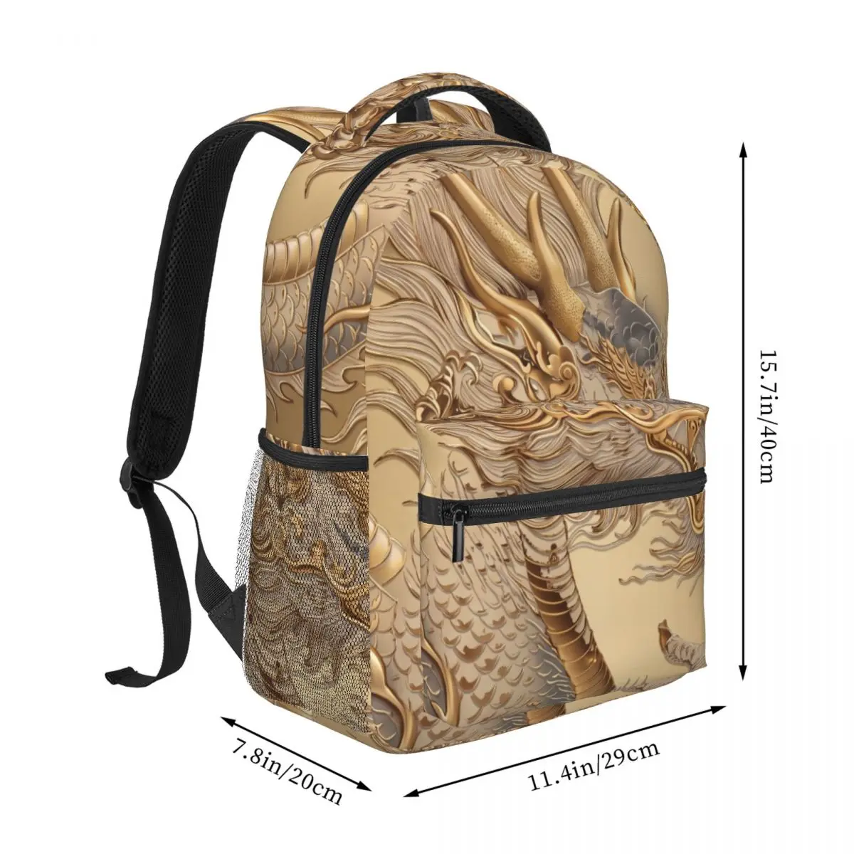 Cool Student Backpack Center Ornate Dragon Metallic Pattern Gold Grey Cream Large Bookbag for Primary Students Outdoor Multi Gym