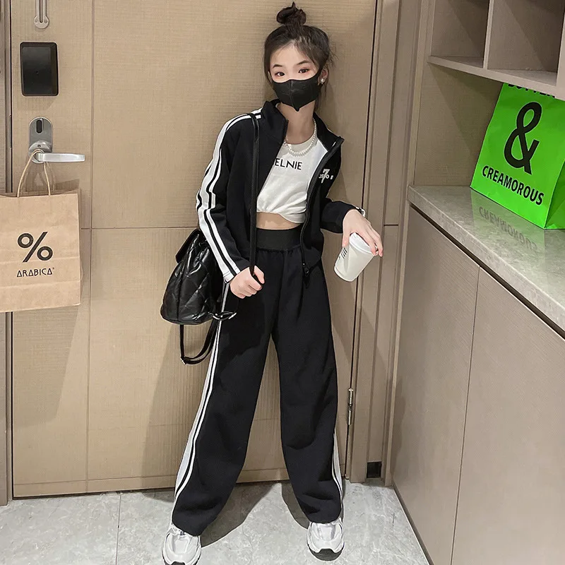 Teen Girls Tracksuit Autumn 2023 Casual Outerwear Wide Leg Pants Two Pieces Kids Outfits Set 10 12 13 Years Children Clothing