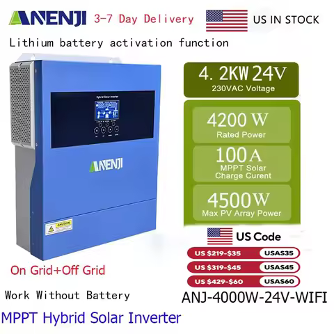 ANENJI 4.2KW 24V Hybrid Solar Inverter 230VAC On Grid Off Grid Inverter Pure Sine Inverter With 100A MPPT Solar Charger PV 500V