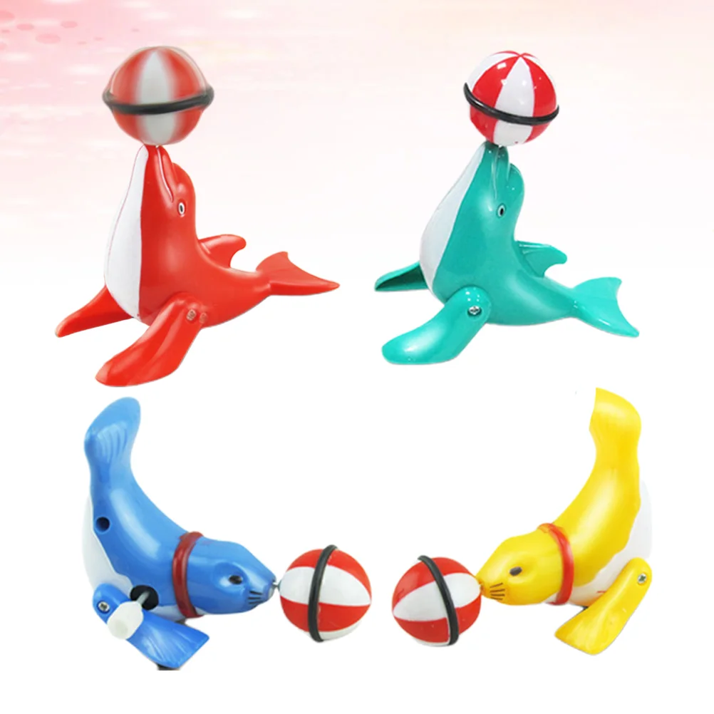 4pcs Seal with Ball Show Clockwork Toys Adorable Lifelike Seal Model Wind-up Toys Kids Gift Decorative Props Party Favors(Random