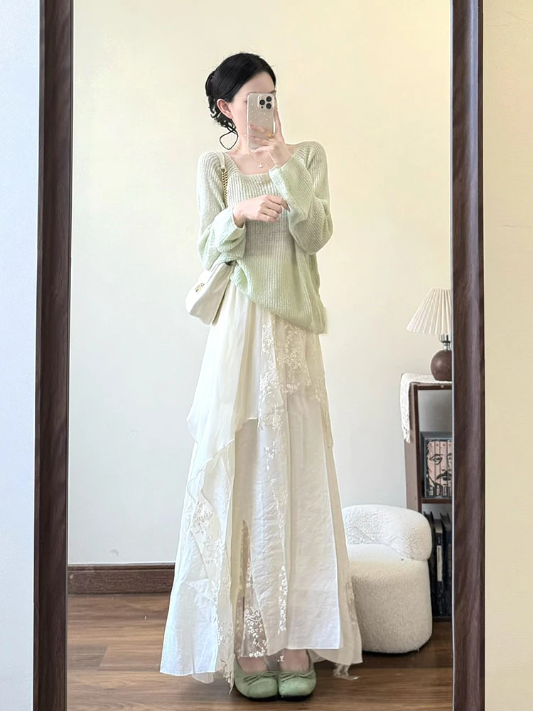 

Spring New Gentle Green Knitted Top And Lace Half Skirt Set Women's Fashion Set High Waist Long Skirt Loose Fit Comfortable Size