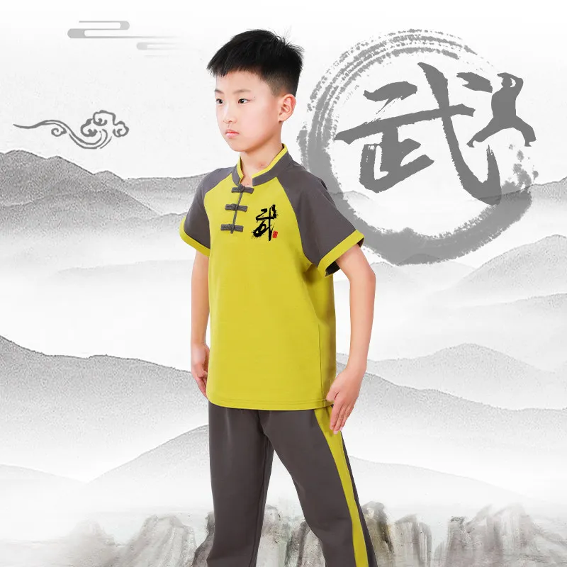 Summer Boys Girls Martial Arts Training Uniform Kids Kung Fu Practice Outfit Kung Fu Routine Performance Suit