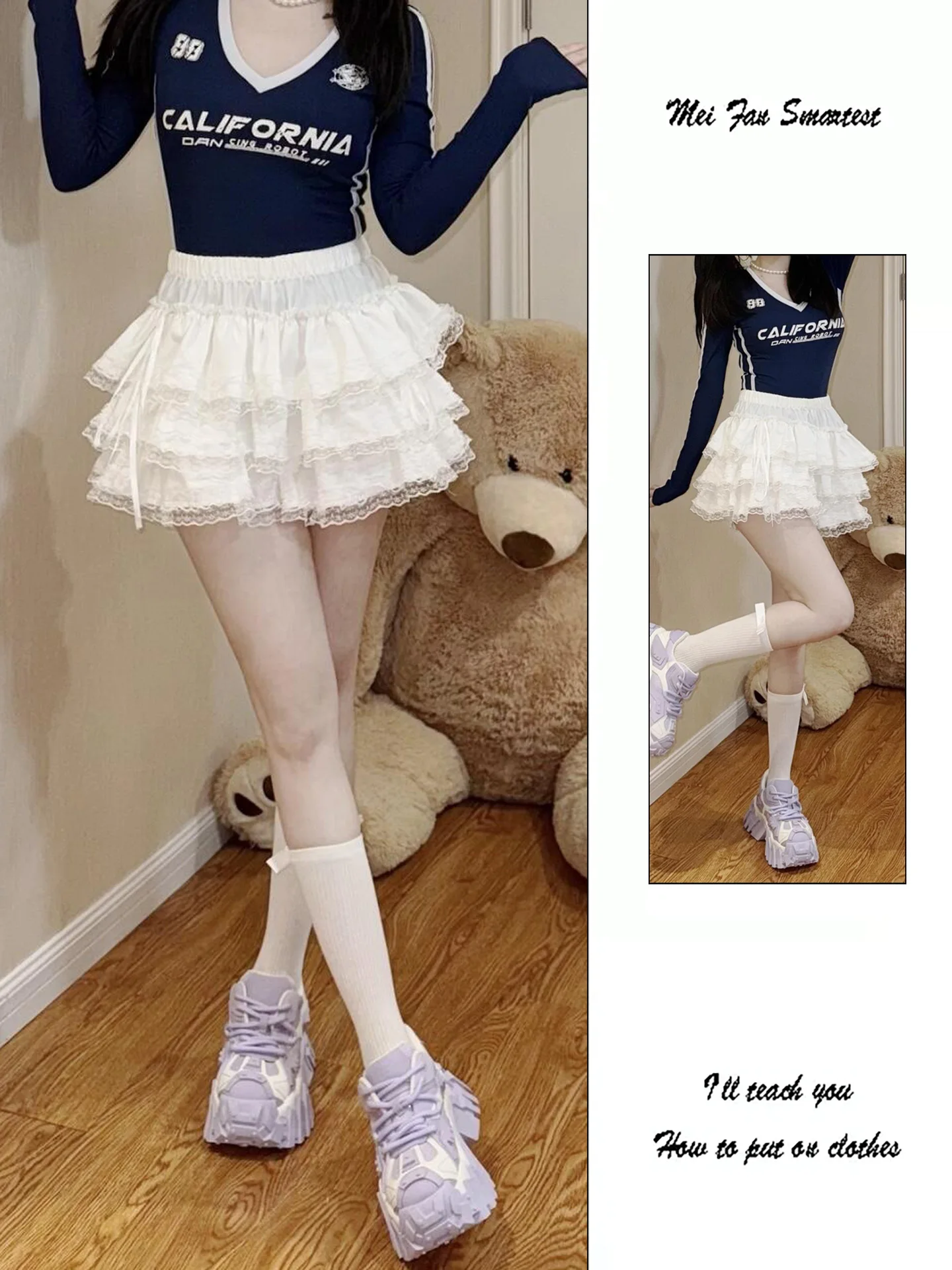 White Lace Trim A-Line  Skirt with  Knot Summer Sexy Pure Desire Small Size Cake Skirt for Women Retro Style