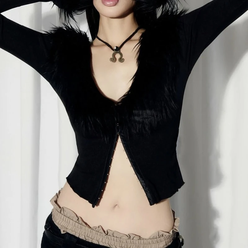 

2025 Autumn New Fashion Trend Spice Girl Sexy Pure Desire Splicing V-neck Rough Edge Short Top