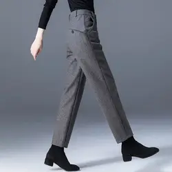 Pantalon épais en laine pour femme, poche solide, bouton, fermeture éclair, mode coréenne, taille haute, longueur de rinçage Haren, fjolen, automne, hiver, nouveau