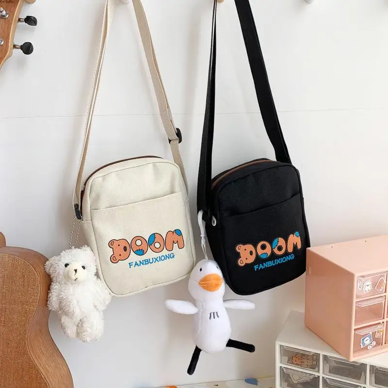 Cute Canvas Slant Bag Fashionable Brown Bear Print Single Shoulder Bag High Aesthetic Value Student Mobile Phone Bag New Model
