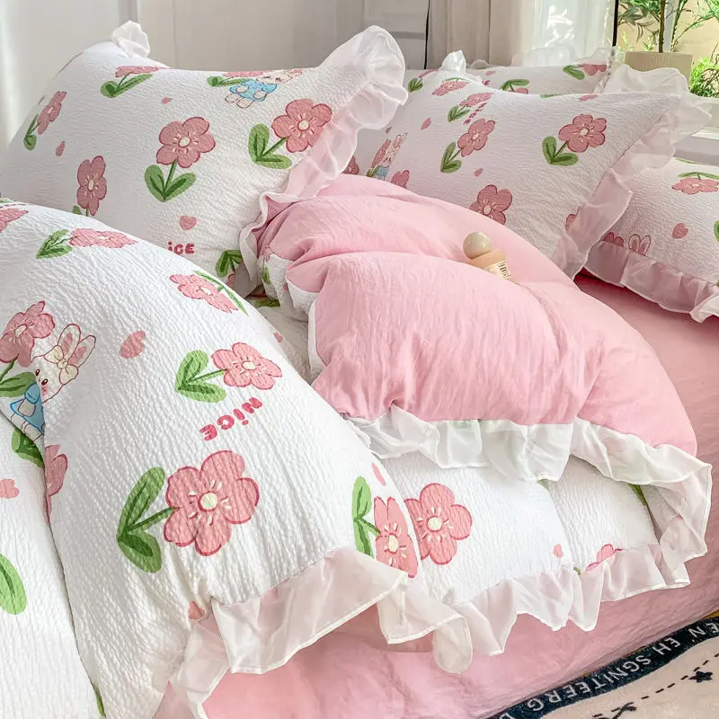 Nordic Girl Heart Pink Floral Rabbit Duvet Cover, Bubble Wrap Lace Four Piece Set, Washed Cotton Bed Sheet, Dormitory Three