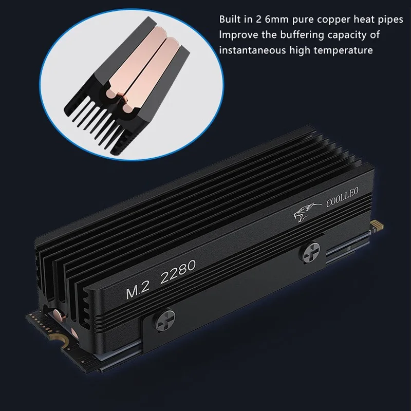 COOLLEO M.2 2280 SSD Heat sink with 14.8W/MK Thermal Pad 2 Heat Pipes Solid State Drive Radiator For M.2 NVMe 2280 SSD Cooler