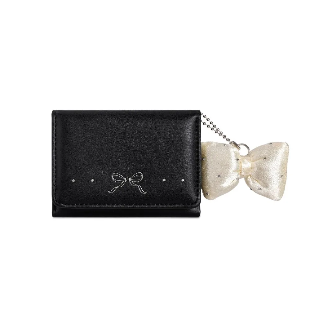 Cute Foldable Pendant Bow Wallet Multi-functional Korean Style Short Wallet Solid Color PU Leather Coin Purse Girls