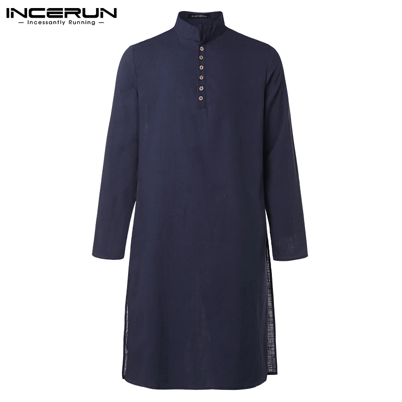 INCERUN Vintage Men Casual Shirt Cotton Long Sleeve Stand Collar Solid Long Style Shirts Streetwear Retro Men Muslim Kaftan 2024