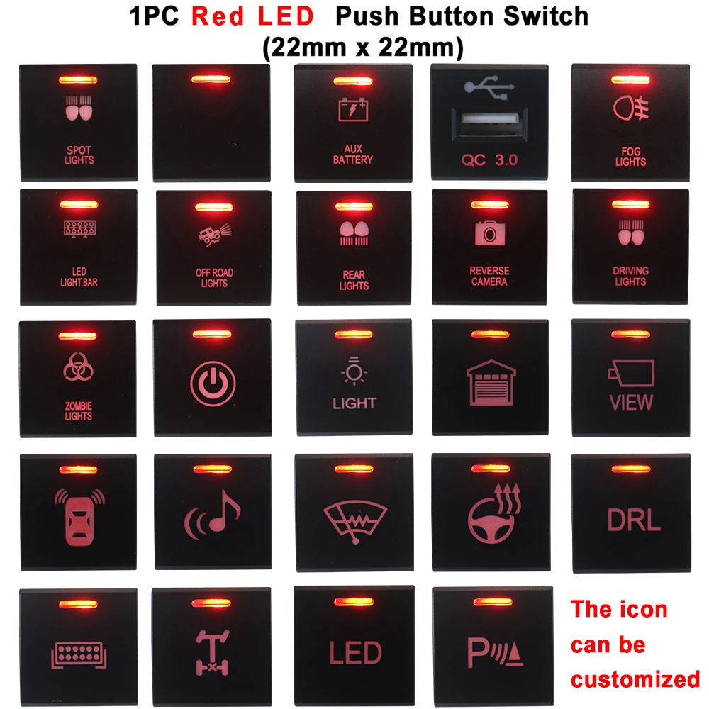 Кнопочный переключатель 12 В, светодиодная панель включения/выключения, красный светодиод 22 x 22 мм для Toyota Camry Hiace Corolla RAV4 Land Cruiser Prado 150 Series
