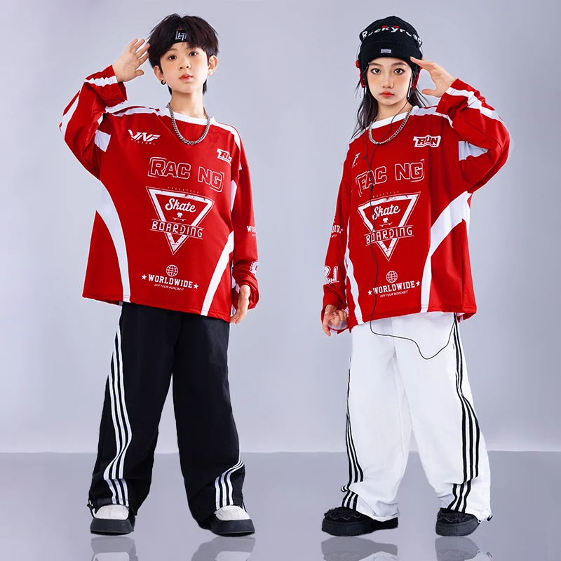 Boys Streetwear Street Dance Red Oversize Sweatshirt Girls Hip Hop Cool Clothes Sets Kids Jazz Denim Pants Outfits Costumes