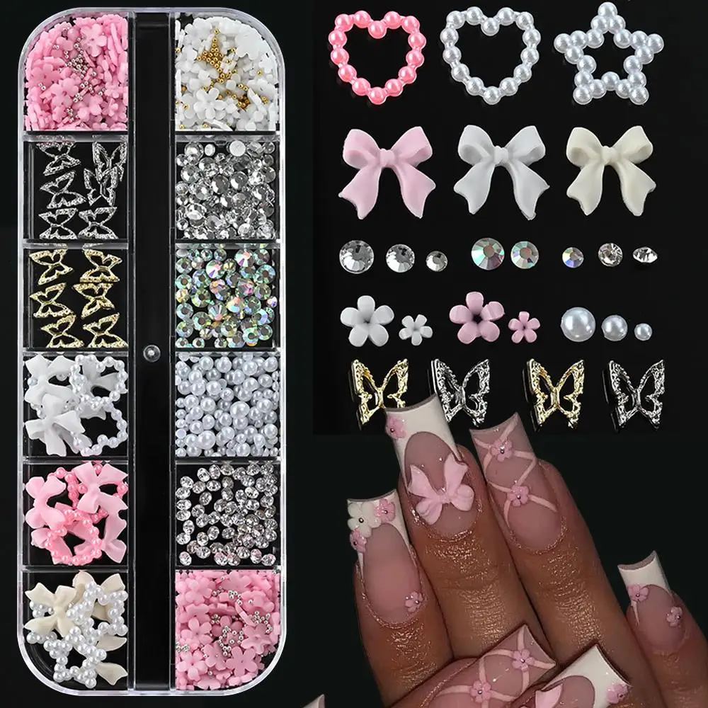 12 grilles de breloques 3D pour ongles, motifs nœuds, papillons, poires, cœurs, fleurs et strass à dos plat, pour décoration d'ongles, artisanat DIY et manucure