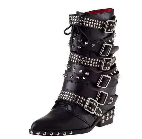 Drop Shipping Black Matte Leather Full Rivet Pointed Toe Short Boots Women Punk Style Low Heels Belt Buckle Motorcycle Boots