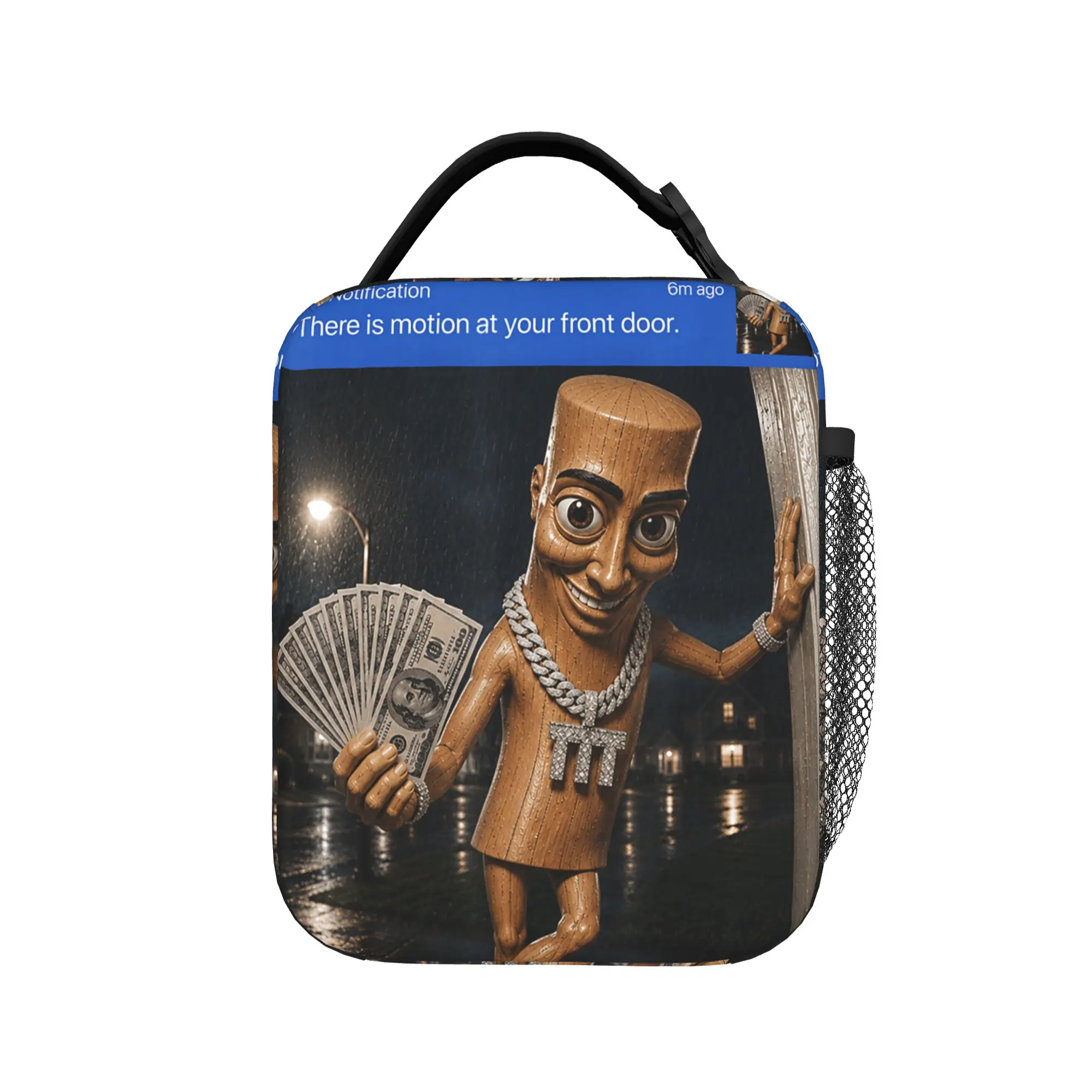 There is Motion at Your Front Tung Tung Tung Sahur Money Lunch Bag  Kawaii Lunch Box For Women Outdoor Picnic Zipper Cooler Bag