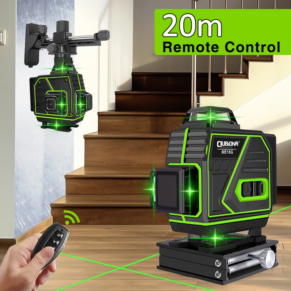 Clubiona 4D 16 Lines Professional Powerful Green Lines Laser Level with Remote Control and Pulse Mode