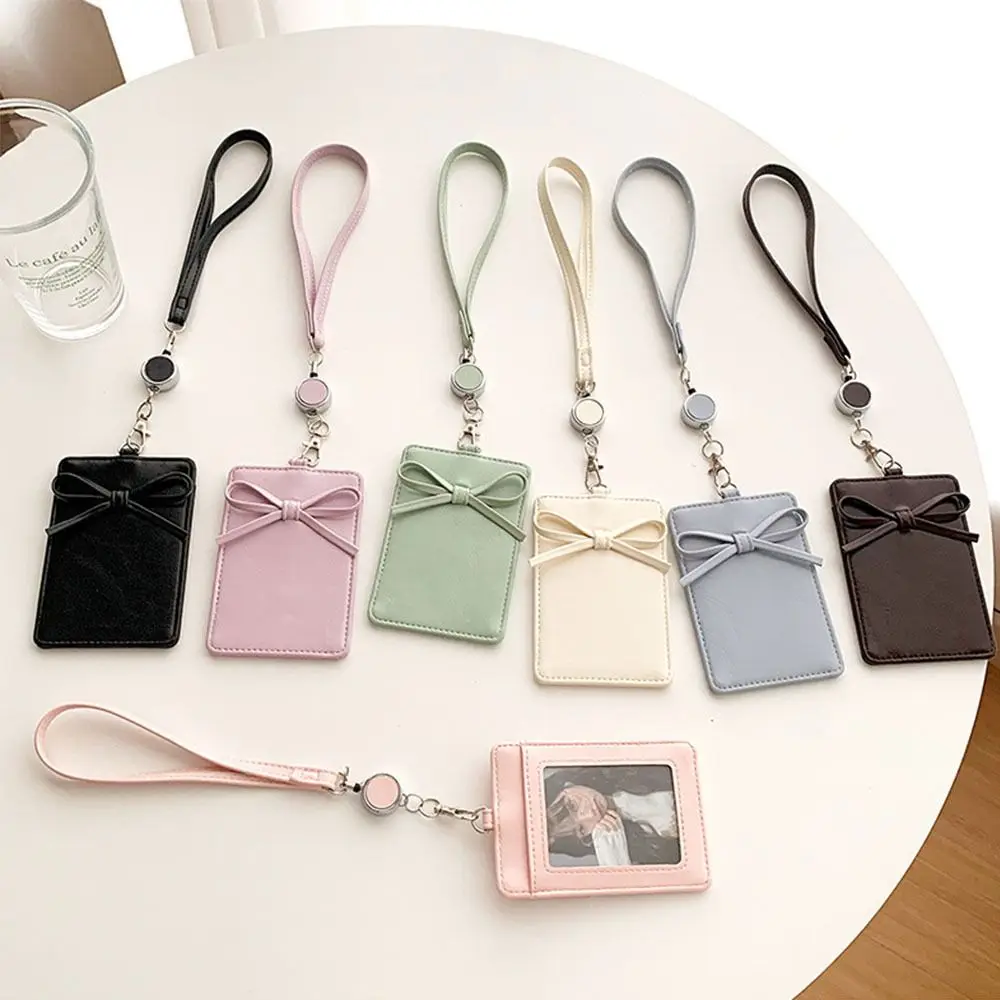 Creative Bow Card Holder Retractable Lanyard PU Leather Photos Protective Cover ID Card Card Holder