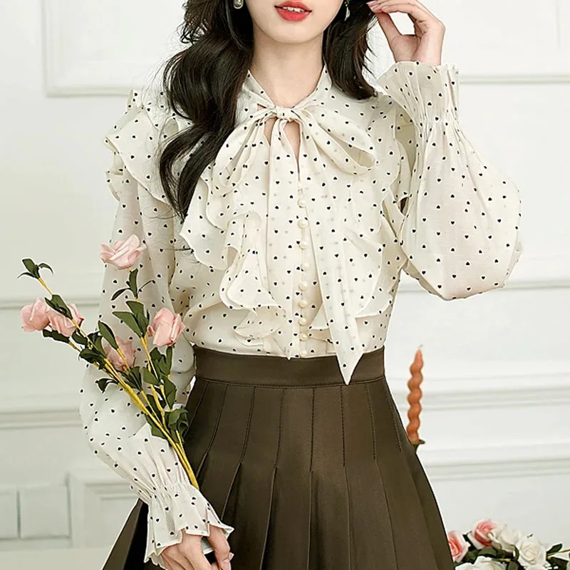 Nueva Blusa de Moda 2026 para Mujer, Camisa de Gasa con Cuello con Volantes y Manga Larga, Blusa de Mujer con Estampado de Puntos, Camisas de Mujer, Blusas N422