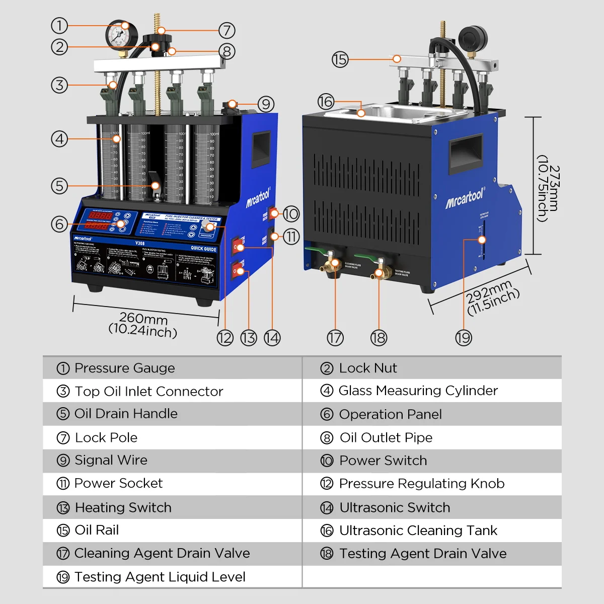 MR CARTOOL V308 Ultraschall-Kraftstoffeinspritzdüsen-Reinigungsgerät 4 Zylinder 110V 220V Kraftstoffeinspritzdüsen-Heizreiniger und -Tester für Auto und Motorrad – Detail 11