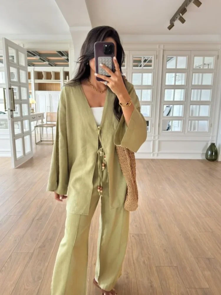 

Casual Beading Lace Up Shirt Pants Set Women Loose V Neck String Long Sleeve Shirt Wide Leg Pant Autumn Chic Lady Outfit