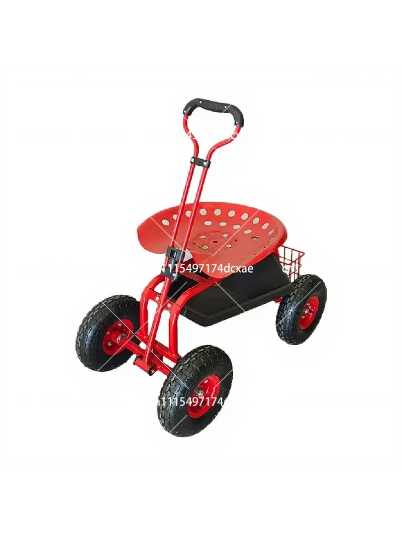 4-Wheel Garden Cart with 360° Rotating Seat, Heavy-Duty Iron Utility Wagon for Outdoor Yard Work