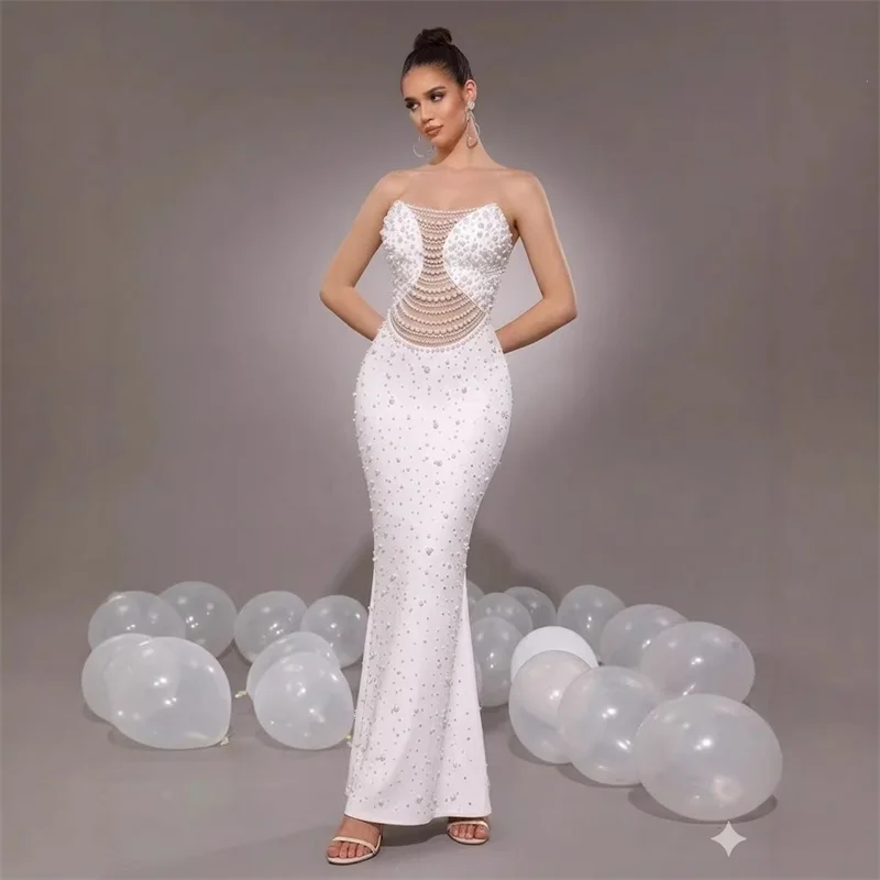 Pearls White Prom Dress Sexy Strapless Sleeveless Hollow Long Sheath Party Gown Formal Wedding Bridal Guest Birthday Robe
