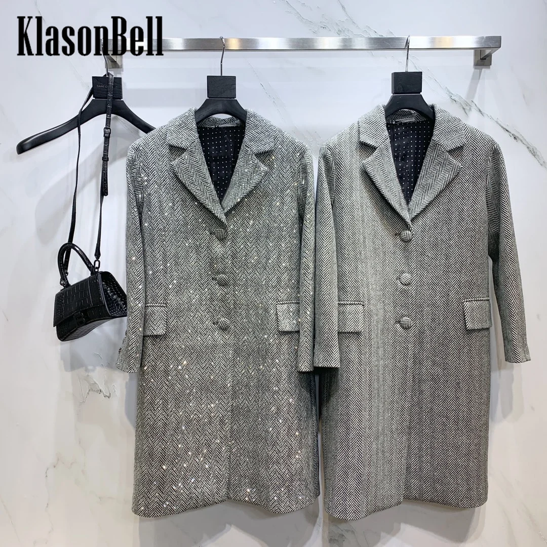 12.20 KlasonBell Women Temperament Elegant Crystal Diamonds Herringbone Lapel Collar Belt Collect Waist Wool Coat