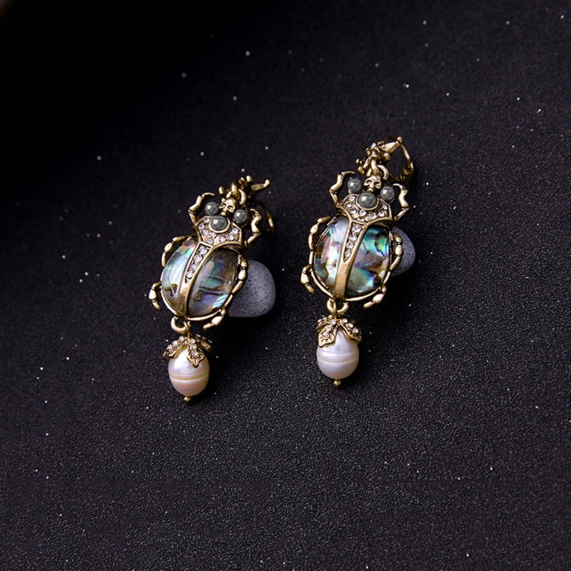 Bohemian Dangle Earrings Natural Abalone for Shell Earrings Freshwater Pearl Beetle Pendant Drop Earrings Jewelry for Wo