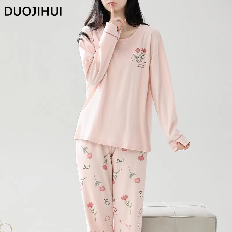 DUOJIHUI Solid Color Sweet Floral Printed Pajamas for Women Basic O-neck Pullovers Loose Simple Pants Fashion Female Pajamas Set