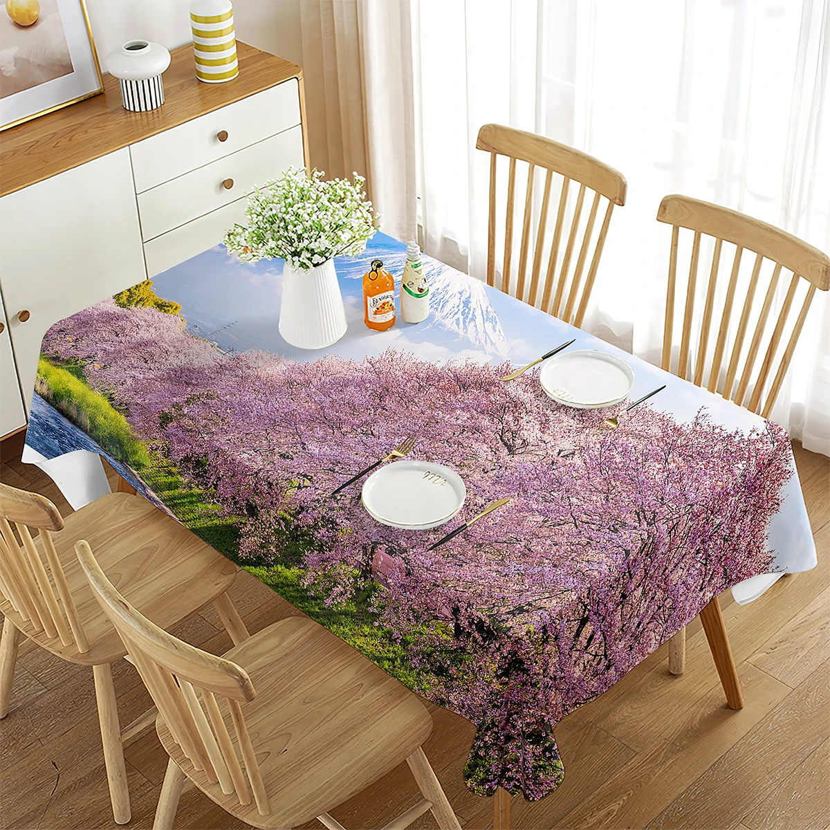 Tablecloth Pink Cherry Blossoms Japan Mount Fuji Snow Mountain Decor Rectangular Tablecloth Kitchen Dining Room Beautiful Decor