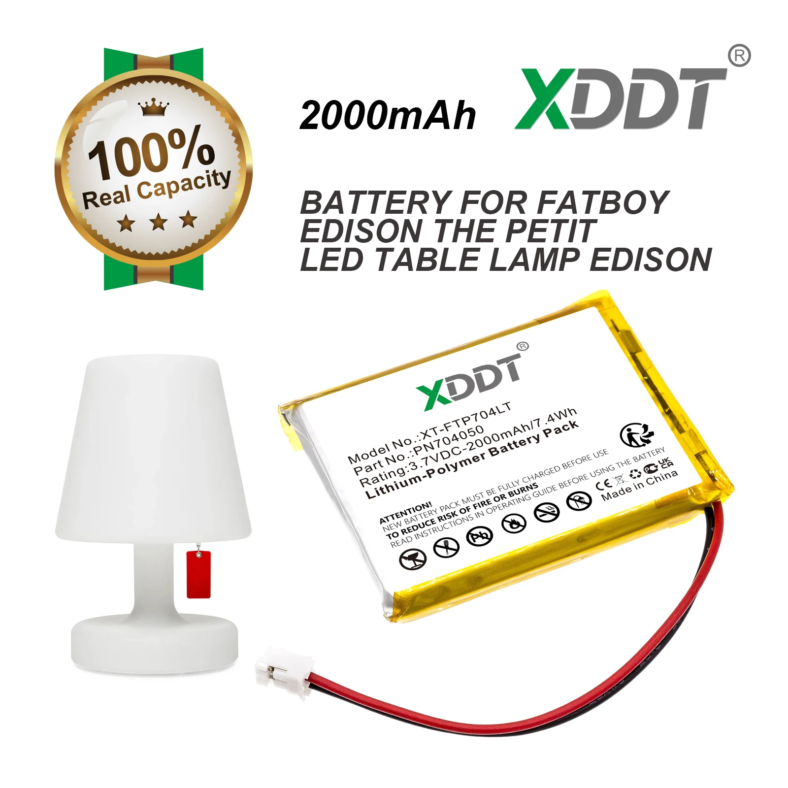 XDDT 3.7V 2000mAh LED Light Battery PN704050 for Fatboy Edison the Petit, LED Table Lamp Ediso