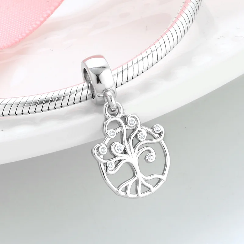 Pure Silver Beads Creative Hollow out Tree of Life Pendant Accessories Loose Beads Zircon Silver Jewelry