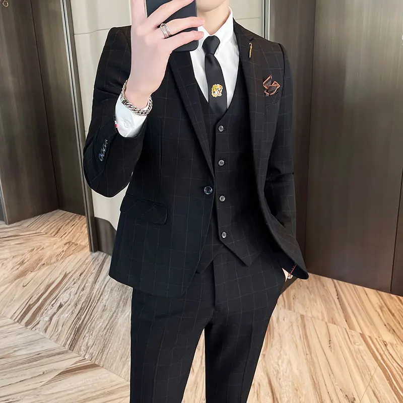 

Spring Autumn Men's Slim Fit Wedding Suit Korean Style Three Piece Set Fashionable Plaid Formal Wear for Groomsmen And Hosts