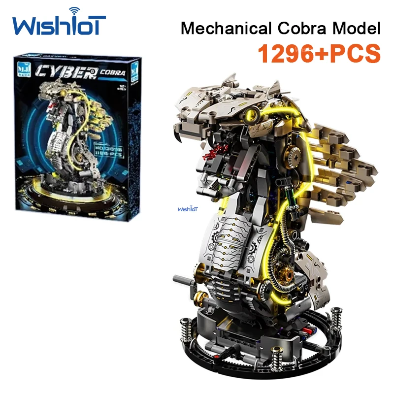 1296pcs Mechanical Cobra Building Kit LED Light-Up STEM Toy Realistic Snake Assembly Toy Motion for Kids Collectors Gift Toy