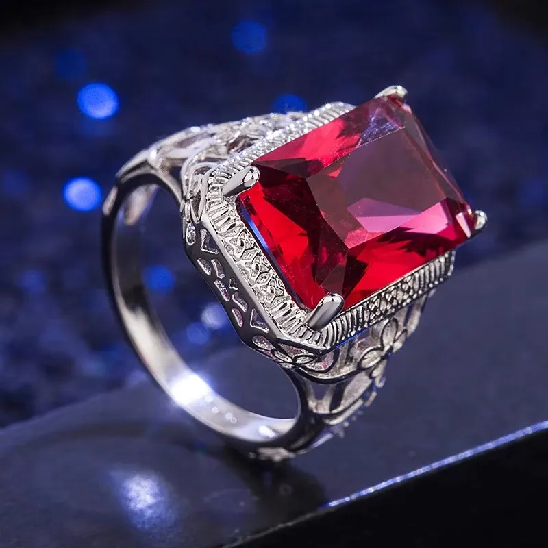 HuiSept Classic Silver 925 Ring Jewelry Rectangle Shape Ruby Gemstone Ring for Male Female Wedding Party Gift Ornament Wholesale