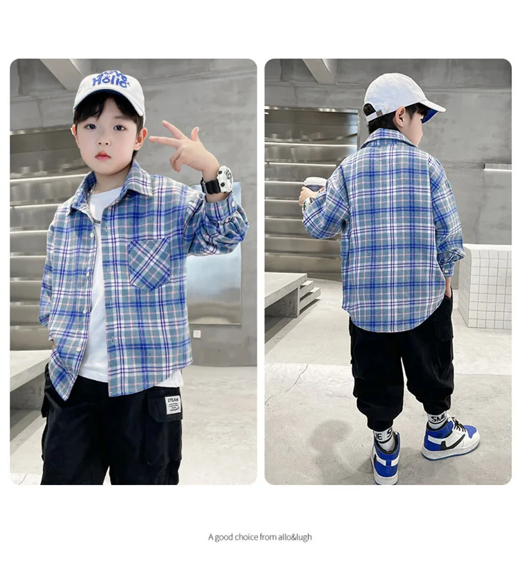 Neues Frühlings-Baumwoll-Langarmhemd für Jungen, Modische High-Street-Oberbekleidung, Oberteile für Teenager, Kariertes Streifenhemd, Alter 5-14 Jahre – Detail 3