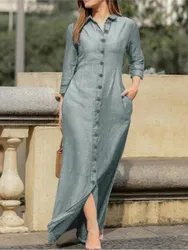Autumn Women's Clothing Style Elegant Fashionable Neutral Style Long Sleeved Lapel Cardigan Solid Color Long Cotton Linen Dress