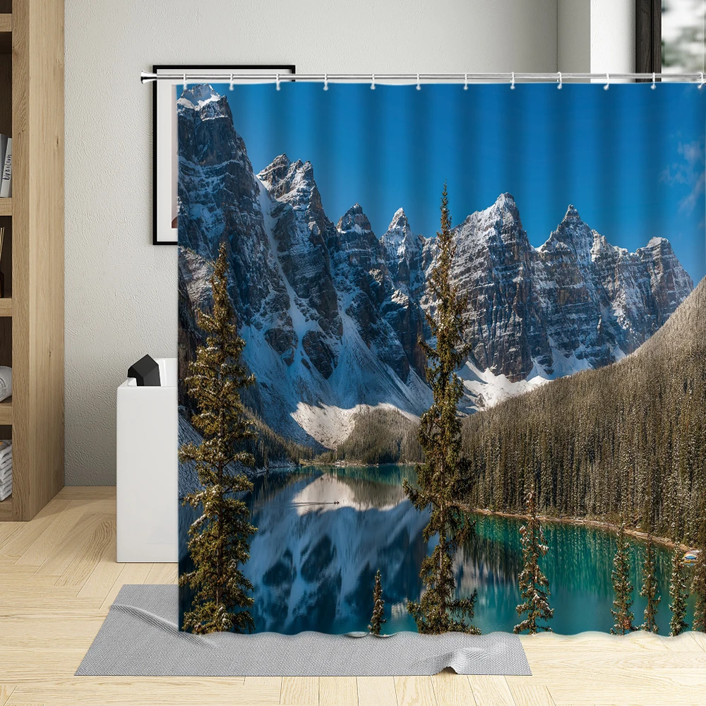 Snow Mountain Blue Lake Landscape Shower Curtain Peaks Forest Scenery Living Room Waterproof Fabric Bathroom Curtains With Hooks