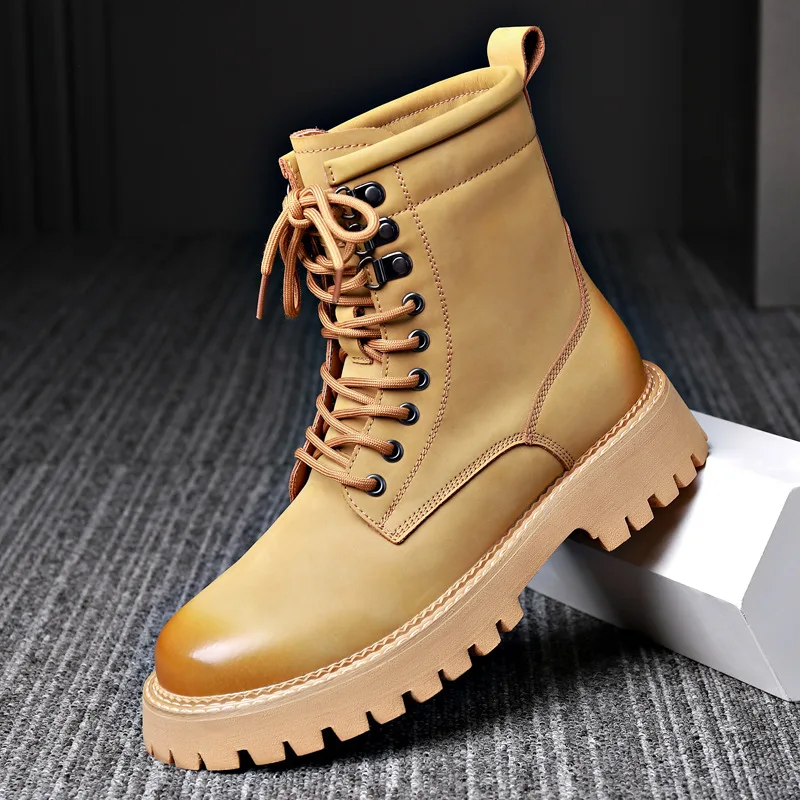 

British style men's fashion desert boots brand designer platform shoes original leather tooling work boot high top cowboy botas