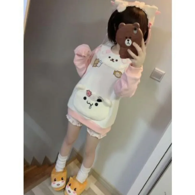 Japanese Kawaii Pink Hoodies Women Cartoon Embroidery Bear Pocket Loose Sweatshirt Harajuku Y2k Aesthetic Cute Pullovers Moletom