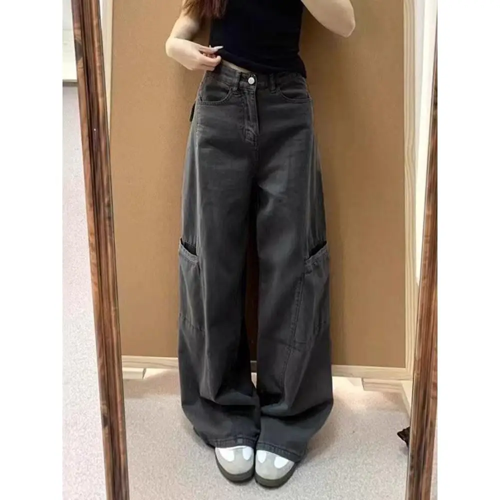 Americano retro ey perna larga calças de trabalho cintura alta solta magro em linha reta jeans para as mulheres verão wear casual algodão